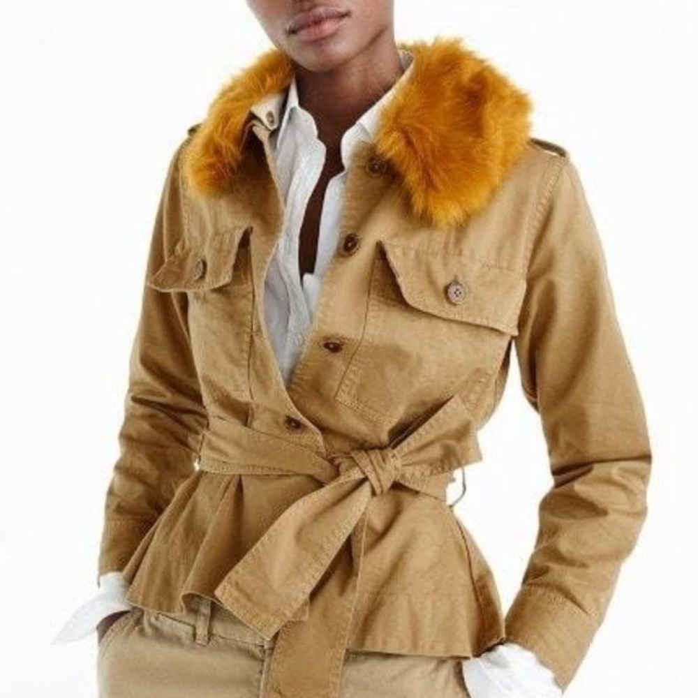 Jcrew peplum utility jacket with faux fur collar